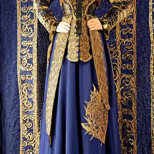 Prompt: Medieval ceremonial outfit, Game of Thrones, navy blue, royal, intricately gilded embroidery, grandiose, dramatic photograph, highly realistic, dark background