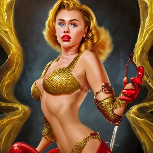 Image similar to miley cyrus dressed as jessica rabbit holding a glowing wand in one hand and a large leather bound book, fantasy, intricate, elegant, highly detailed, digital painting, artstation, concept art, matte, sharp focus, illustration, in the style of magic the gathering, art by artgerm and greg rutkowski and alphonse mucha