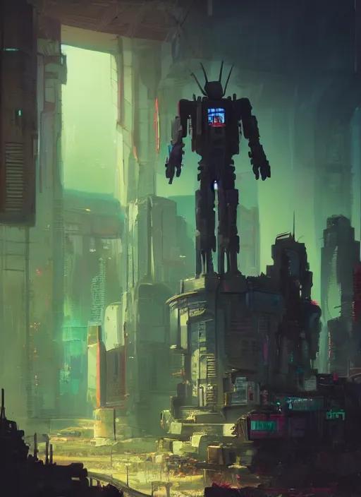 Image similar to a painting of a giant robot standing in front of a post apocalyptic city ruins, cyberpunk art by beeple, artstation hd, dystopian art, apocalypse art, sci - fi, glowing neon lights anamorphic lens flare