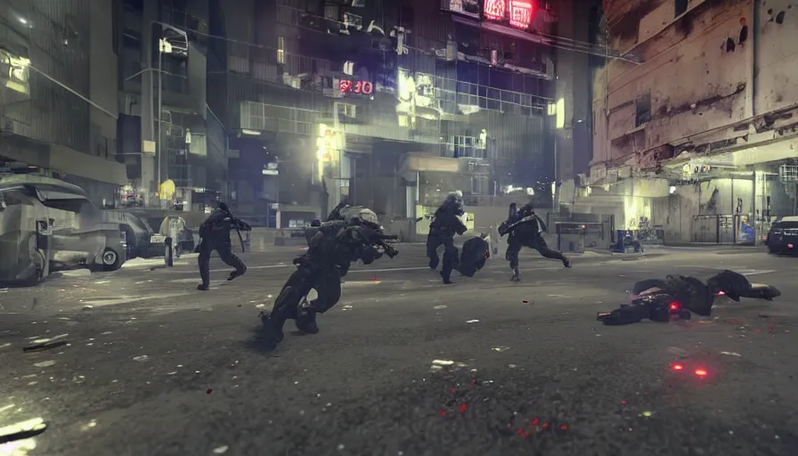 Prompt: 2020 Video Game Screenshot, Anime Neo-tokyo Cyborg bank robbers vs police, Set inside of the Bank, Open Vault, Multiplayer set-piece Ambush, Tactical Squads :19, Police officers under heavy fire, Police Calling for back up, Bullet Holes and Realistic Blood Splatter, :6 Gas Grenades, Riot Shields, Large Caliber Sniper Fire, Chaos, Akira Anime Cyberpunk, Anime Machine Gun Fire, Violent Action, Sakuga Gunplay, Shootout, :14 Quibli MToon Shader :19 , Inspired by Intruder :8 Cel Shaded by Katsuhiro Otomo: 19,