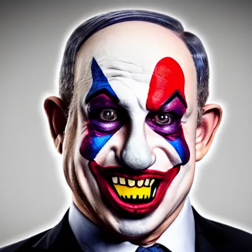 Prompt: portrait of Benjamin Netanyahu dressed as a clown with clown makeup on sticking his tongue out, dark office background, ambient lighting, dynamic lighting, vibrant colors, 4K, HQ, official media