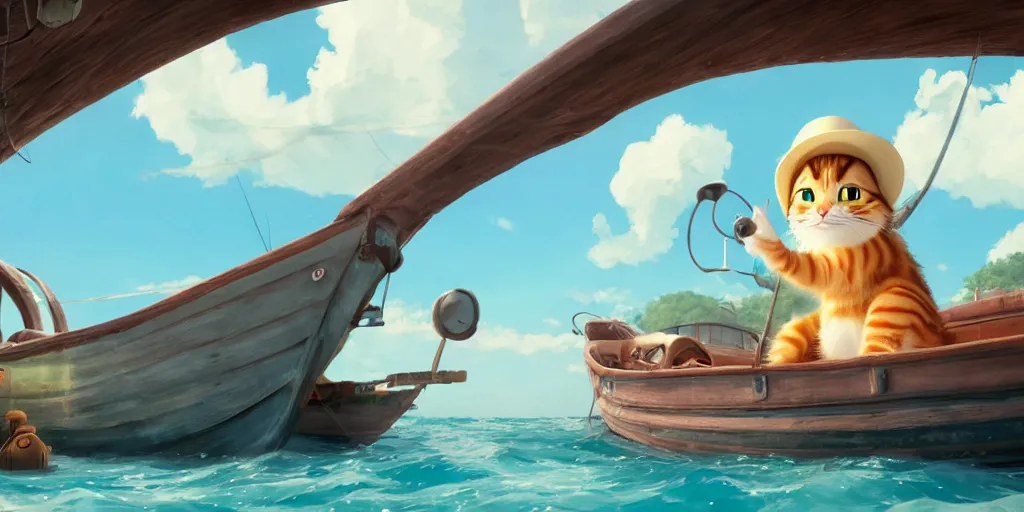 Image similar to a wholesome animation key shot of a cute cat on a fishing boat wearing a sunhat, studio ghibli, pixar and disney animation, sharp, rendered in unreal engine 5, anime key art by greg rutkowski, bloom, dramatic, dynamic lighting