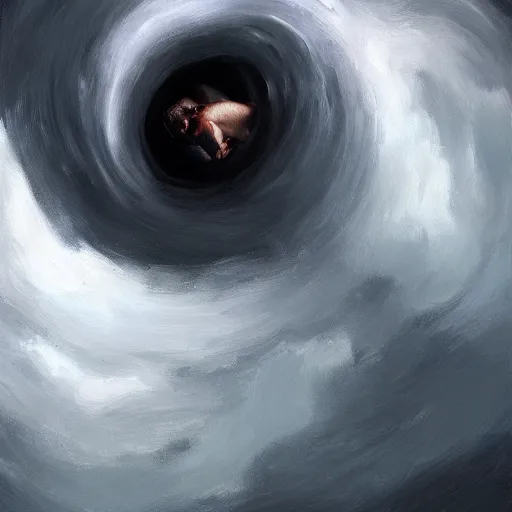 Image similar to man falling in a black hole, oil painting, pale colors, high detail, 8 k, wide angle, trending on artstation,