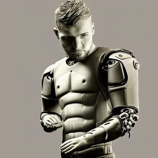 Image similar to “a realistic detailed photo of a guy who is an attractive humanoid who is half robot and half humanoid, who is a male android, baseball player Bryce Harper, shiny skin, posing like a statue, blank stare”