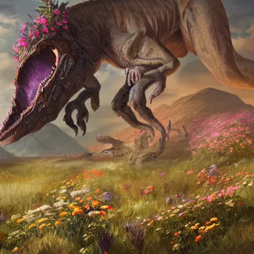 Image similar to Beautiful digital painting of monumental dinosaur made of flowers by Greg Rutkowski and James Gurney, trending on Artstation, deviantart, ultra detail