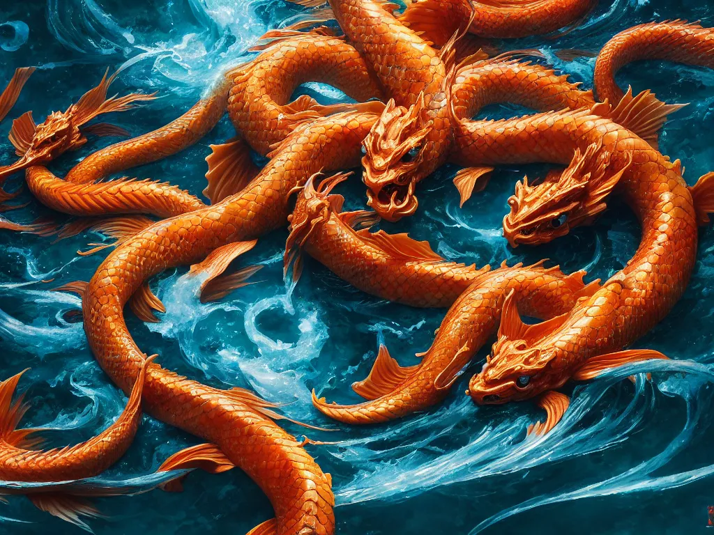 Image similar to intertwined koi dragon fish, water torrent background, jesper ejsing, james jean, justin gerard, tomasz alen kopera, cgsociety, fenghua zhong, makoto shinkai, octane render, highly detailed, rim light, cinematic lighting, hyper realism, high detail, intricate, 4 k, masterpiece