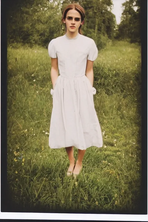 Image similar to color polaroid of Emma Watson by Andrei Tarkovsky full length shot, wearing in a summer dress