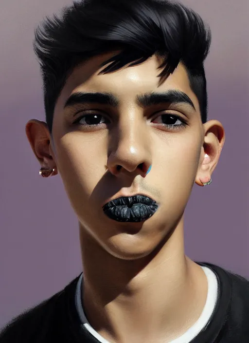 Prompt: portrait of a latino teen boy with a crooked nose and a confident expression, 1 9 6 0 s, black clothes, goth, punk, brightly coloured hair, funk, intricate, elegant, highly detailed, digital painting, artstation, concept art, smooth, sharp focus, illustration, art by wlop, mars ravelo and greg rutkowski