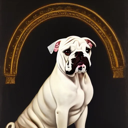 Prompt: a renaissance style portrait painting of a mostly white bulldog, wearing a crown and cape, dark background. trending on artstation.