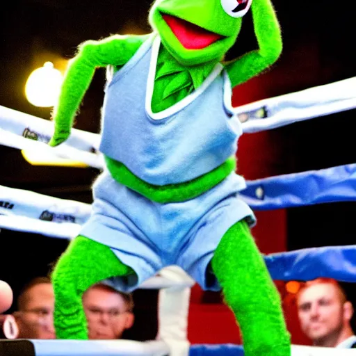 Prompt: ringside photo of kermit the frog boxing