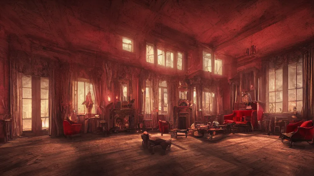 Prompt: interior view of Haunted house, beautiful interior design, reddish colors, subatomic-interior-lighting, backyard-view, beautiful-design, shining, style of Edwardian, 4k, wide-perspective, grand-composition, concept-art, highly-detailed, sublime, dramatic, cinematic, octane