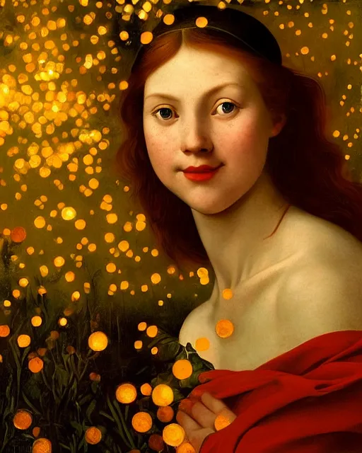 Image similar to a happy a young woman, among the lights of golden fireflies and nature, wearing a wonderful dress, long loose red hair, intricate details, green eyes, freckles on the nose, round gentle smiling face, golden ratio, high contrast, hyper realistic digital art by artemisia lomi gentileschi and caravaggio and artgerm.