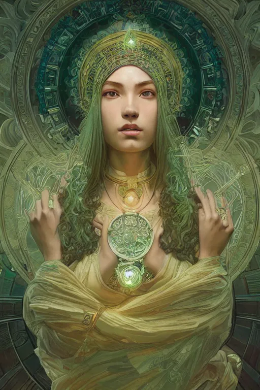 Image similar to ultra realistic illustration, a jade statue of sacred geometry, intricate, elegant, highly detailed, digital painting, artstation, concept art, smooth, sharp focus, illustration, art by artgerm and greg rutkowski and alphonse mucha