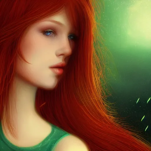 Image similar to sharp, intricate fine details, breathtaking, digital art portrait of a red haired girl with green eyes in a dreamy, mesmerizing scenery with fireflies