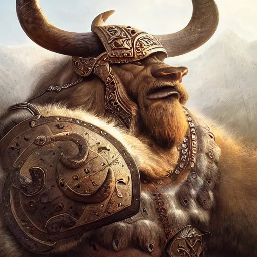 Prompt: digital painting of an ox as a viking by filipe pagliuso and justin gerard, symmetric, fantasy, highly, detailed, realistic, intricate