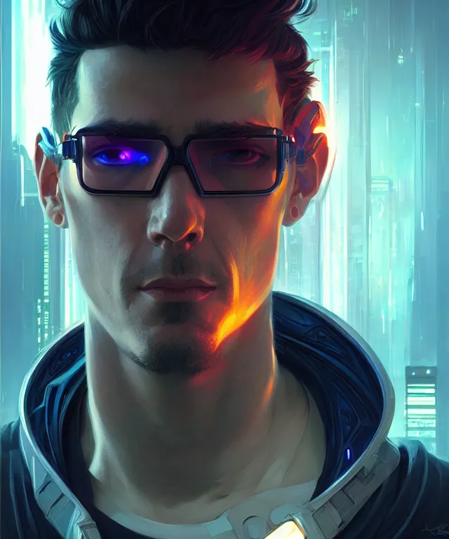 Image similar to Hacker cyberpunk man portrait, highly detailed, digital painting, artstation, concept art, smooth, sharp focus, illustration, art by artgerm and greg rutkowski and alphonse mucha