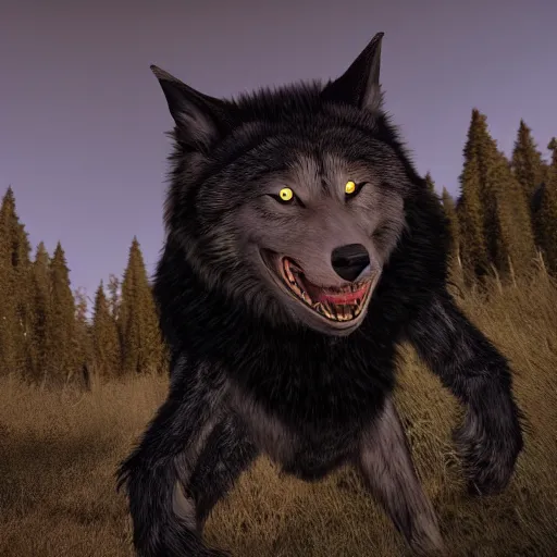 Prompt: female werewolf at night with black realistic fur, under the moon, ultra detail, unreal engine, 8 k