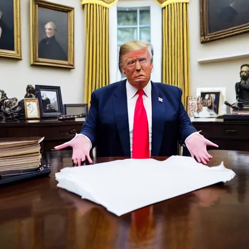 Image similar to candid portrait photo of president trump at his desk shoving crumpled papers into his mouth, chewing paper, eating paper, detailed portrait, 4 k, megapixel, sony a 7 s, f / 8, 2 4 mm lens