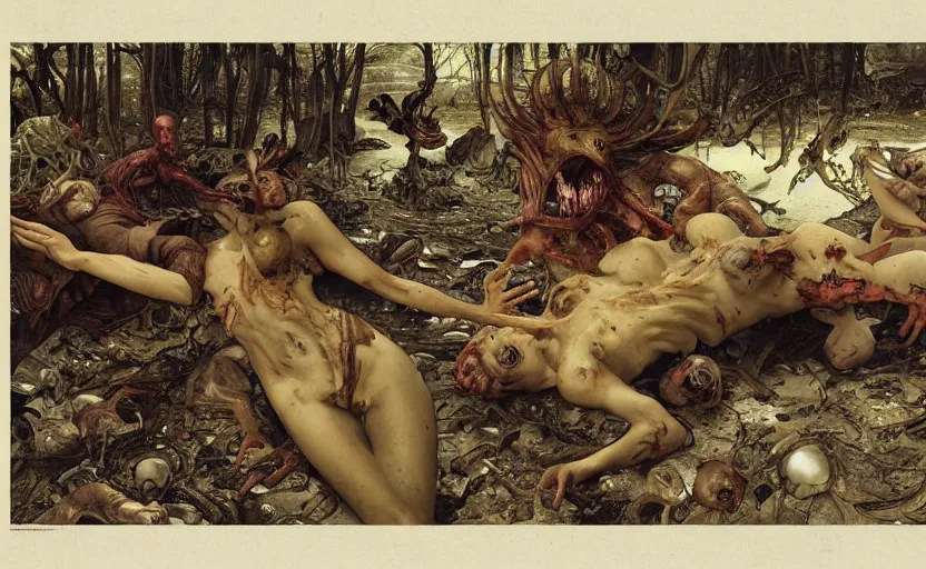 Prompt: renaissance grotesque painting of ovni crash swamp wasteland, landfill, alien corpses on the floor, elegant artwork by lee bermejo and greg rutkowski and alphonse mucha