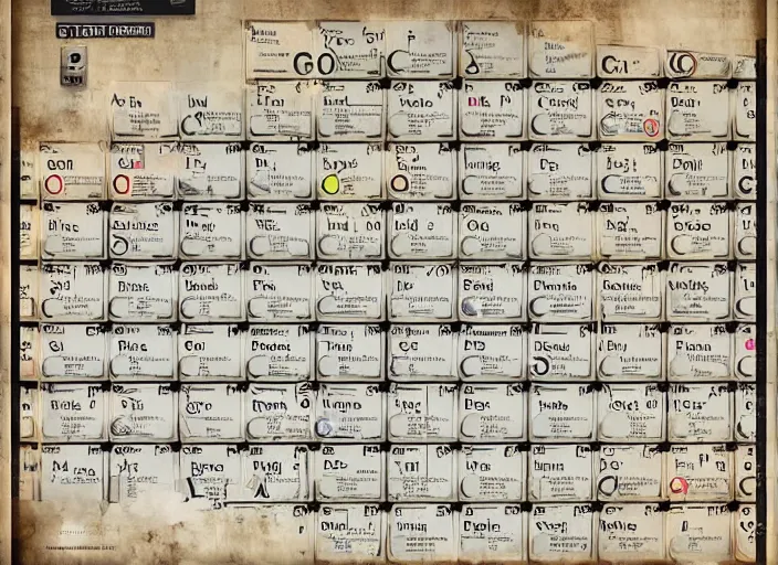 Image similar to Poster of a crazy periodic table from a different universe in the style of portal2, digital art, astonishing great details, award winning, high res