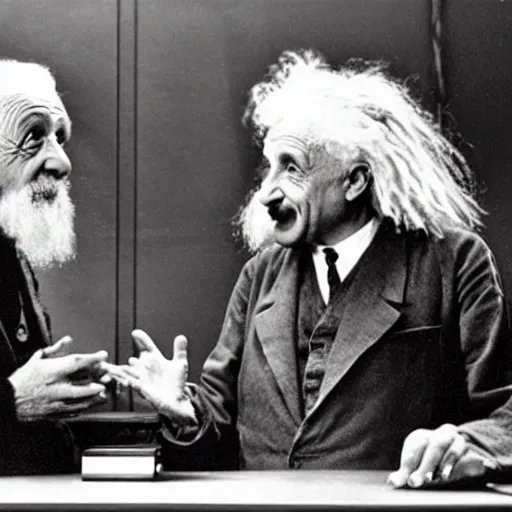 Image similar to Albert Einstein and Gzuz discussing theoretical physics, photograph