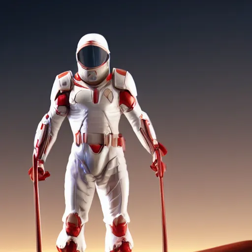 Image similar to tall muscular infantry man in glossy sleek white armor with a few red details and a long red cape, heroic posture, on the surface of mars, night time, dramatic lighting, cinematic, sci-fi, hyperrealistic, movie still