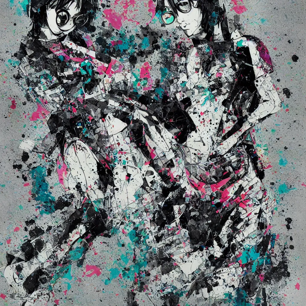 Image similar to girl figure, abstract, jet set radio artwork, ryuta ueda artwork, cryptic, rips, spots, asymmetry, stipple, lines, glitches, color tearing, pitch bending, stripes, dark, ominous, eerie, hearts, minimal, points, otomo katsuhiro artwork, technical, natsumi mukai artwrok, folds