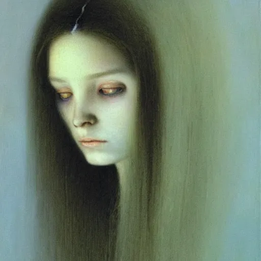 Prompt: portrait painting of teenage female queen by Beksinski, she is pale with long golden hairs. She is in golden vrown