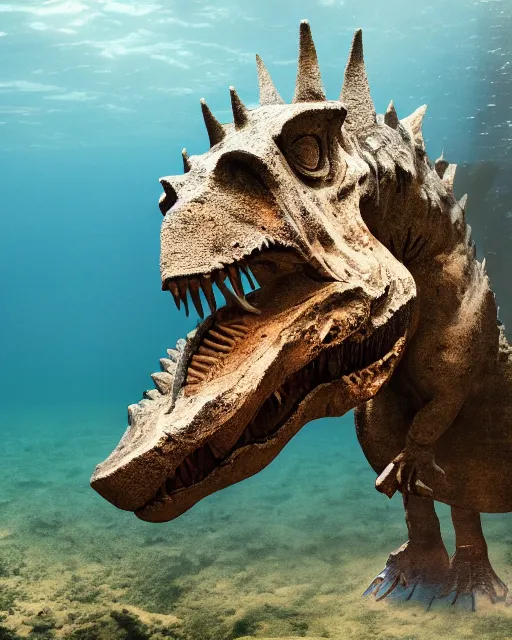 Image similar to enormous statue of Tyrannosaurus Rex in the middle of a sunken city, deep underwater