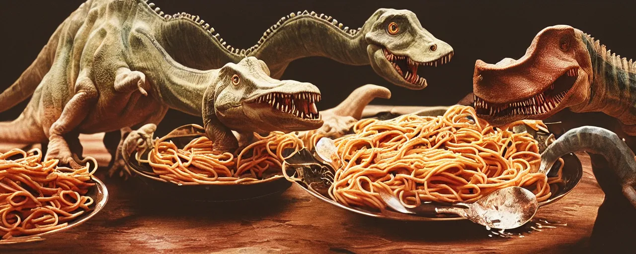 Image similar to two dinosaurs fighting to the death, inside a bowl of spaghetti, canon 5 0 mm, cinematic lighting, photography, retro, film, kodachrome