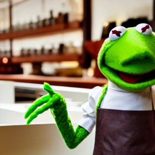 Image similar to Kermit the frog as the chef in a high end restaurant kitchen expensive gourmet fancy Michelin photo 4k journalism