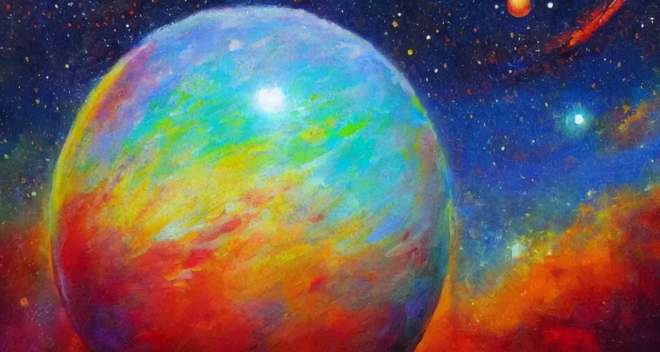 Image similar to award - winning realistic oil painting of a large planet made of colourful gas, colourful bright stars