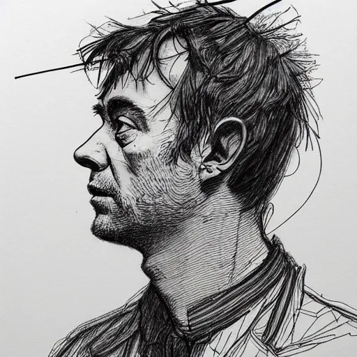 Image similar to a realistic yet scraggly portrait sketch of the side profile of a stern and sophisticated damon albarn, trending on artstation, intricate details, in the style of frank auerbach, in the style of sergio aragones, in the style of martin ansin, in the style of david aja, in the style of mattias adolfsson