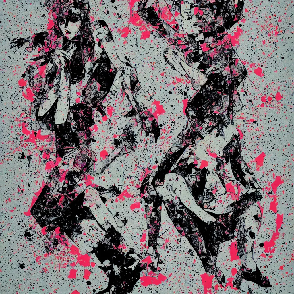 Image similar to girl figure, abstract, jet set radio artwork, ryuta ueda artwork, cryptic, rips, spots, fabric, asymmetry, stipple, lines, glitches, color tearing, pitch bending, stripes, bandages, guts, eerie, hearts, minimal, points, otomo katsuhiro artwork, technical, natsumi mukai artwrok, folds