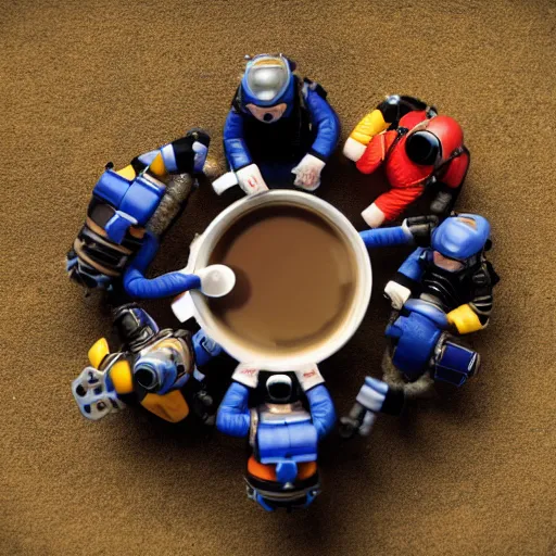 Image similar to tilt-shift photography of a group of scuba divers inside of a coffee mug, 8k, highly detailed, realistic