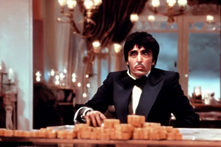 Prompt: tony montana from movie scarface 1 9 8 3 sitting at a ( big black oak table ) with ( big packages of flour ). next to the night window. ( al pacino ). perfect symmetric face, coherent eyes,, fine details, 4 k, ron cobb, cinestill