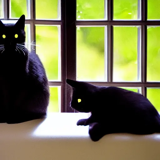 Image similar to black cat and tabby cat in a sunlit window