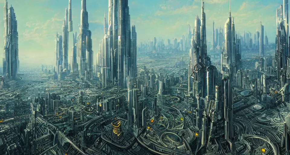 Prompt: view on futuristic city in the horizon, illustration by gerald brom, detailed, sharp, 8 k