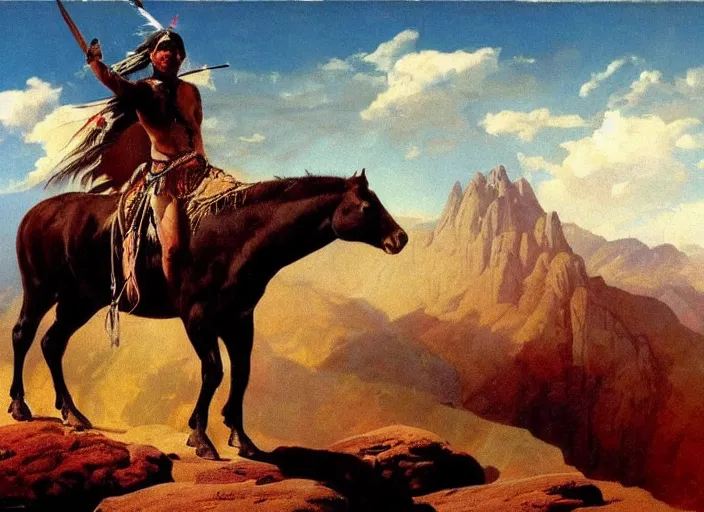 Image similar to powerful native american warrior!! beautiful native american riding horse, buffalo, mountain range, beautiful sky, standing on the edge of a cliff, nineteenth century, painted by frazetta