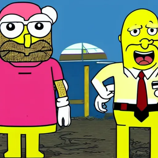 Image similar to walter white and spongebob squarepants in a gtav cover art