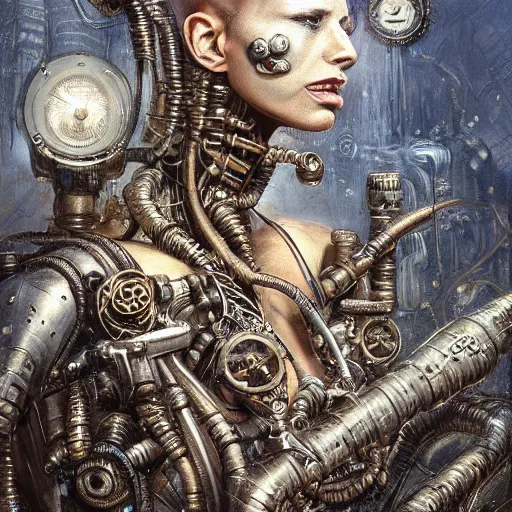 Image similar to low angle shot of a steampunk cyborg by clive barker, intricate, elegant, highly detailed, centered, digital painting, artstation, concept art, smooth, sharp focus, illustration, artgerm, Tomasz Alen Kopera, Peter Mohrbacher donato giancola, Joseph Christian Leyendecker, WLOP, Boris Vallejo.