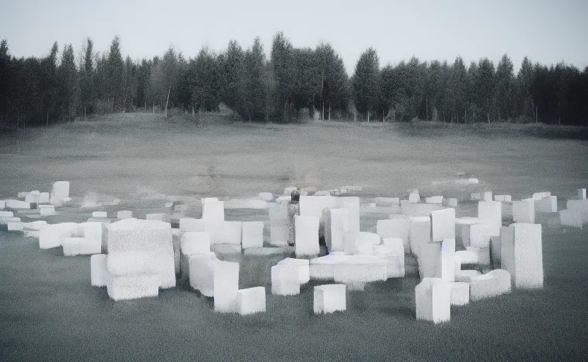 Prompt: a line of large white concrete blocks sitting on an infinite grassy plain