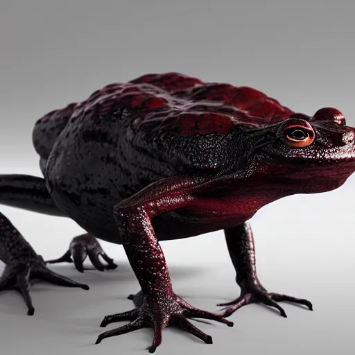 Prompt: this amphibian creature is unlike any other. it is massive, with a long, thick body and four powerful legs. its skin is a deep, glossy black, and its eyes are a bright, glowing red 3 d octane render, artstation, andrew krivulya