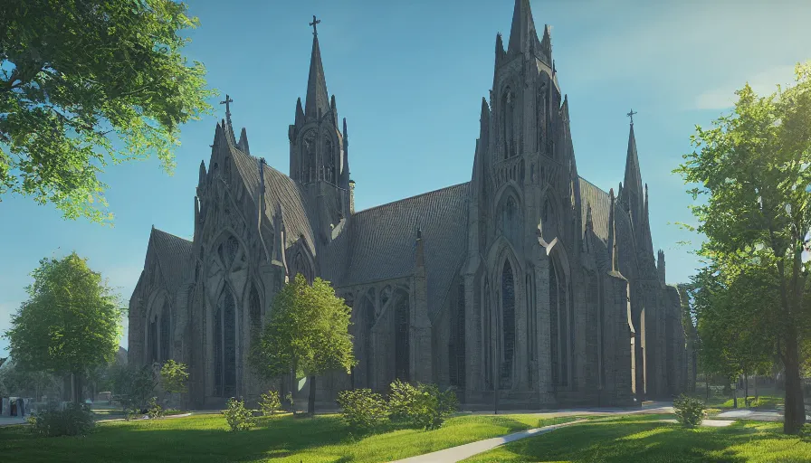 Prompt: neo - gothic midwest town, church, green square, volumetric light, sunny day, hyperdetailed, artstation, cgsociety, 8 k