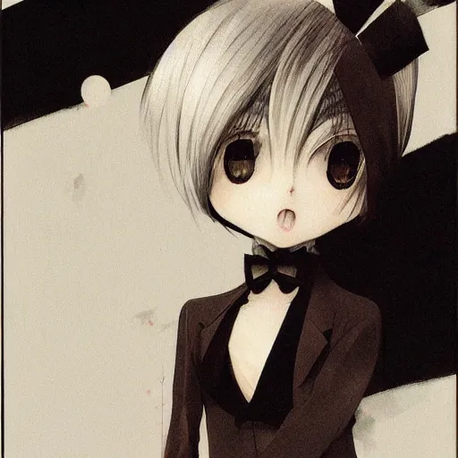 Image similar to Yoshitaka Amano realistic illustration of an anime girl with short white hair and black eyes wearing tuxedo, abstract black and white background, film grain effect, highly detailed, Renaissance oil painting