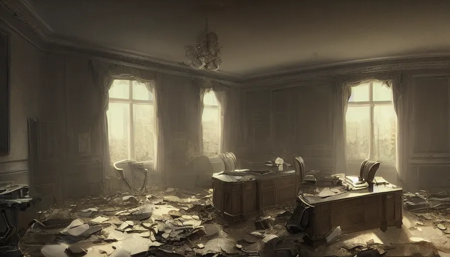 Image similar to abandoned dusty oval office with lights through broken windows, hyperdetailed, artstation, cgsociety, 8 k