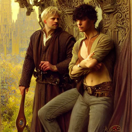 Prompt: arthur pendragon and merlin. focus on their faces. highly detailed painting by gaston bussiere, craig mullins, j. c. leyendecker, alphonse mucha 8 k