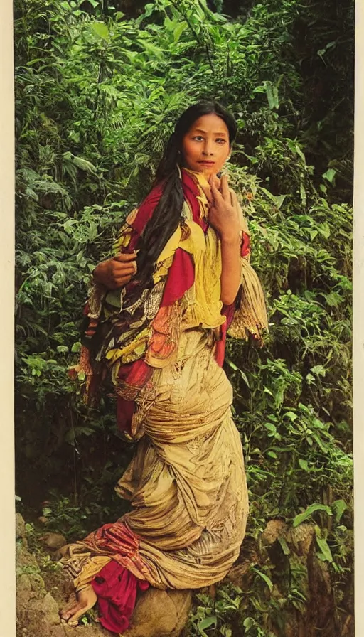 Image similar to vintage portrait photo of a beautiful beautifully lit nepalese Victorian woman in a lush valley with a tibetan monastery on a rock in the background by alphonse mucha and annie leibovitz