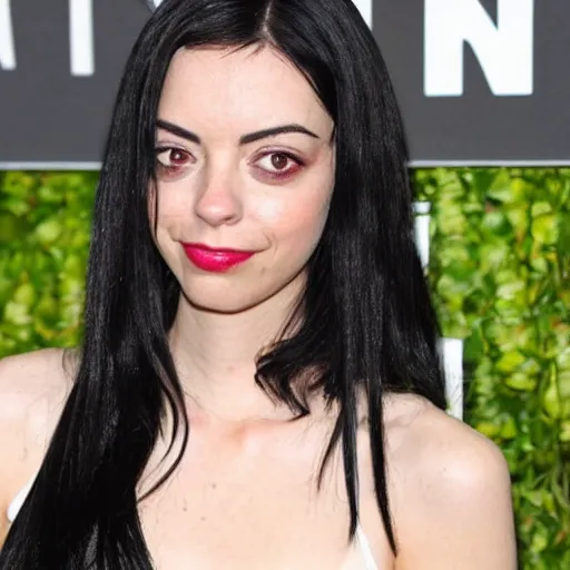 Image similar to a girl with long black hair and a side part, her face is a mix between aubrey plaza, krysten ritter, lucy hale, christina ricci and sarah hyland