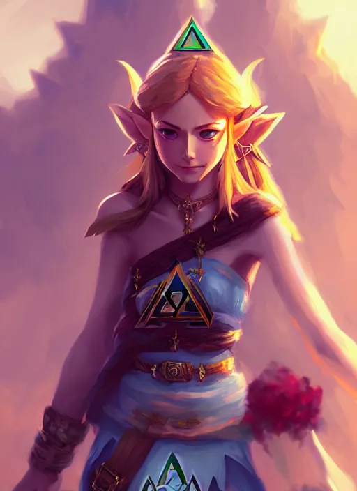 Image similar to zelda with triforce, fantasy, intricate, elegant, highly detailed, digital painting, artstation, concept art, wallpaper, smooth, sharp focus, illustration, art by wlop